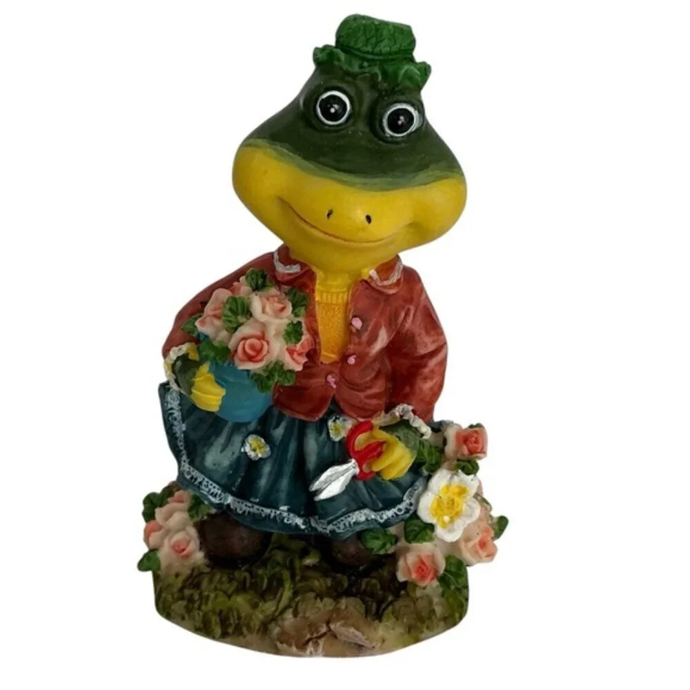 Vintage Frog Figurines Gardening Theme 4”-5” Intricate Carving 2 PC Collectible